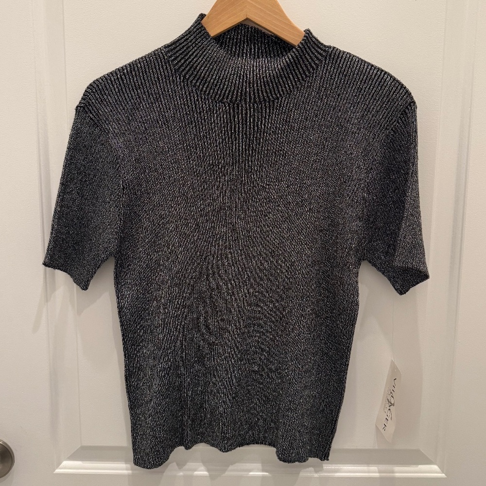 Vintage Villager Petite Silver Short Sleeve Mock Neck Sweater